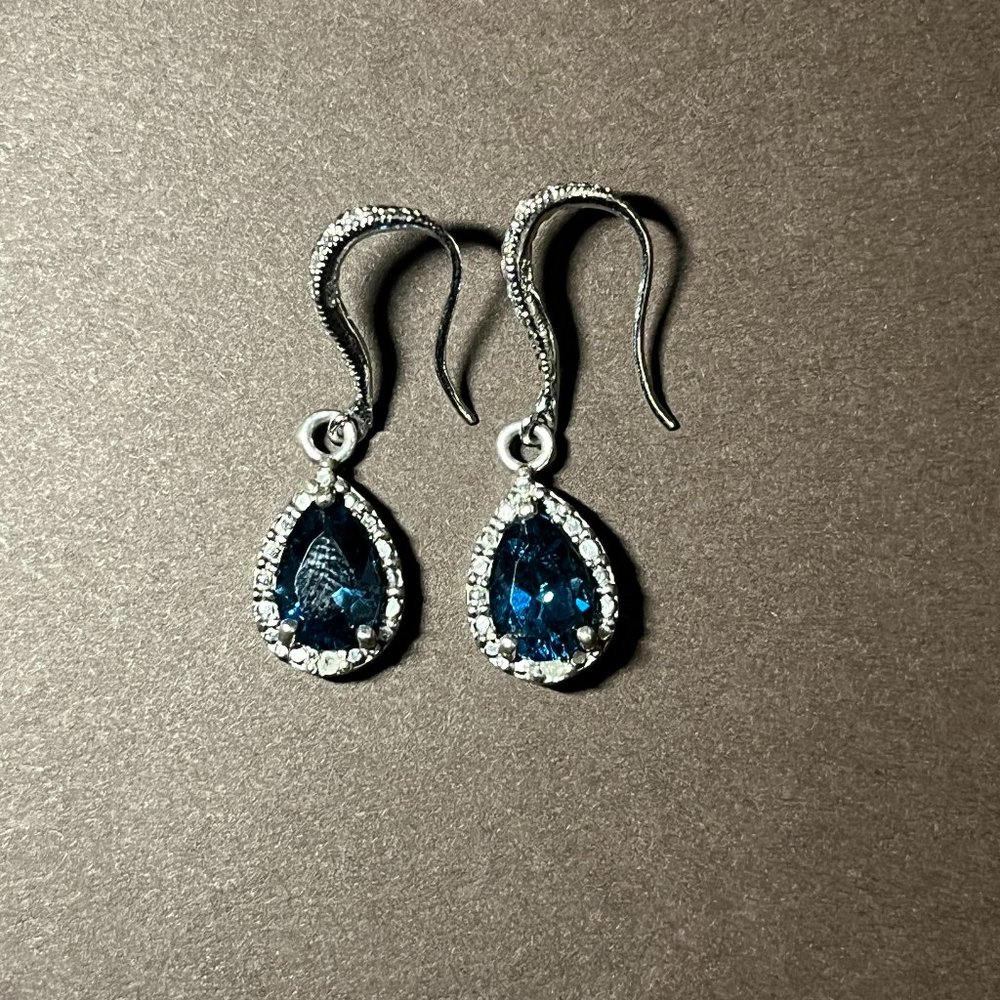London Blue 3 ct. Topaz and Diamond drop .925 Sterling Silver Earrings